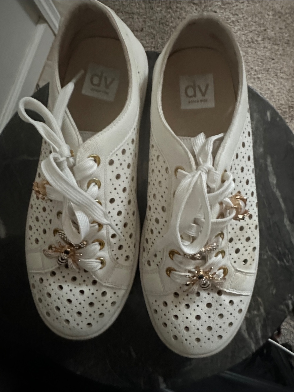 DV by Dolce Vita White Perforated Lace-Up Sneakers with Gold Floral Hardware